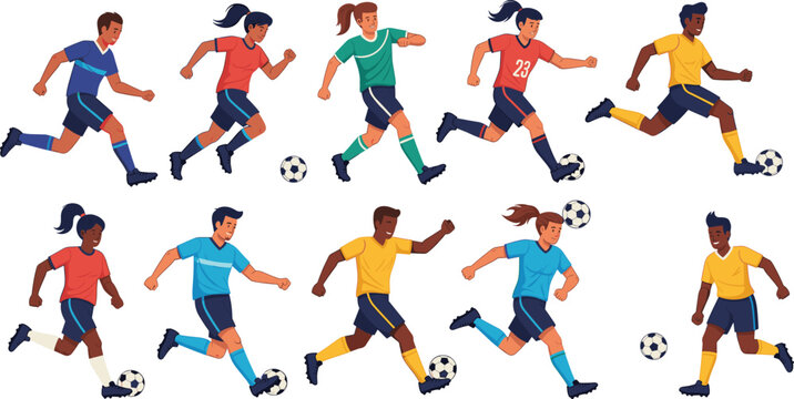 Animated soccer players in colorful uniforms showing diverse action poses for sports design, teamwork themes, and education