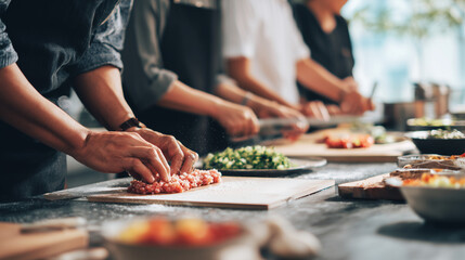 Fototapeta premium group cooking together in kitchen, hands preparing food teamwork, cooking class food preparation 