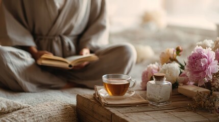 Serene Moment with Tea and Flowers in Cozy Reading Nook