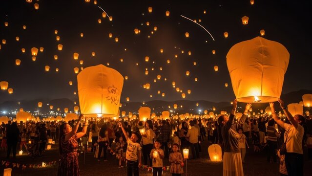 People releasing floating lanterns during festival celebration