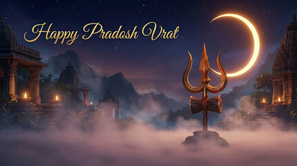 Sacred trident with a damru drum in a misty temple setting under a crescent moon during the holy season of the auspicious hindu maha somvar