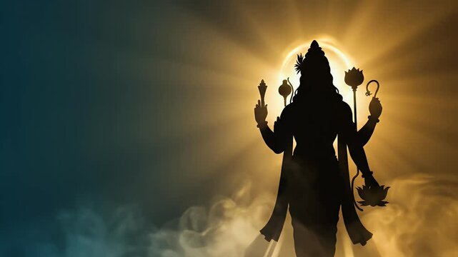 Lord Vishnu Devotional Wallpaper with Silhouette, Soft Light Beams, and Gentle Mist