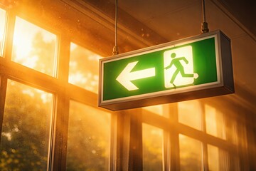 Illuminated exit sign casting warm light through expansive windows symbolizing safety urgency and pathways to freedom in architectural spaces filled with golden hour ambiance