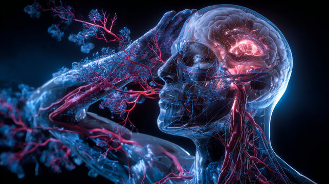 Vascular system of the brain with arteries in red, and veins in blue, 3D illustration.