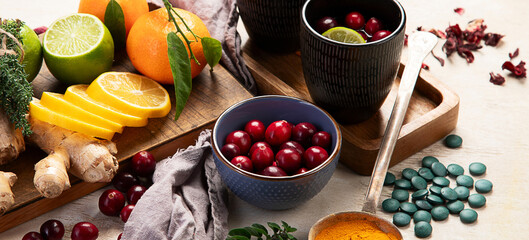 Pharmacy medicine. Natural immune boost remedies, lemon, garlic.