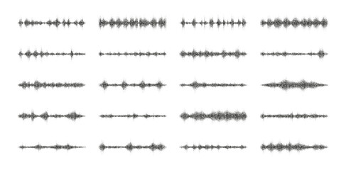 Set of dotted grainy gradient sound waves. Vector gritty voice message record or noise sound waves isolated on white background. Sound signals or equalizer waves with stipple effect.