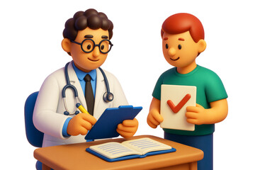 Fototapeta premium Doctor and child with health checklist in cartoon style, isolated on white background, clean concept of medical consultation and approval. Ai generative
