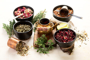 Herbal tea with medicinal herbs and flowers.