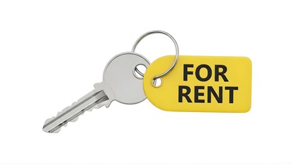 A single silver house key attached to a bright yellow "For Rent" tag, clearly visible, isolated on white.