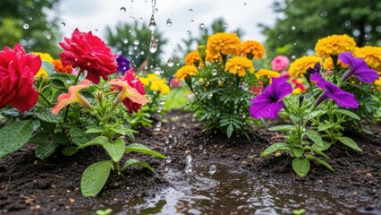 Vibrant garden blossoms glistening with refreshing water droplets on rich, dark earth
