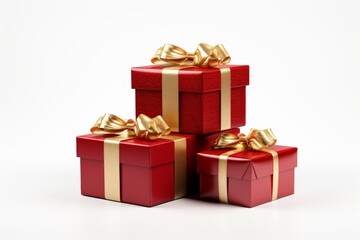Obraz premium Stacked red gift boxes with golden ribbons symbolizing holidays and presents on white