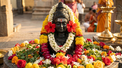 Close up of lord shiva statue decorated with vibrant flower garlands for maha somvar and pradosh vrat festival celebrations in a traditional indian temple