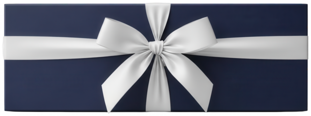 Dark navy blue long rectangular gift box with white silk ribbon bow