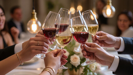 Friends toast wine at dinner.