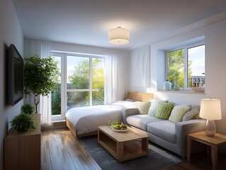 The interior space offers a peaceful sleeping environment with a comfortable, light-filled lounge area.