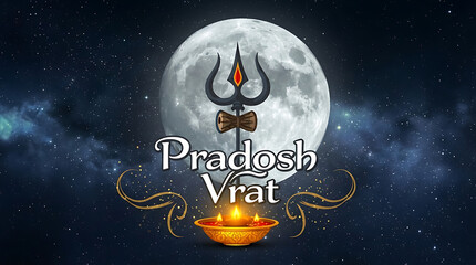 Pradosh vrat and maha somvar calligraphy on a starry night background with full moon and glowing diya for hindu religious festival celebration and banners