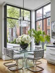 Elegant corner dining area illuminated by ample fenestration, merging sophisticated design with