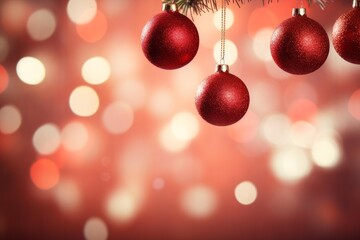 Fototapeta premium Red christmas balls decorating against a warm festive background with glowing lights