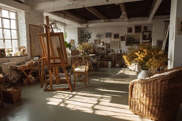 Light-filled creative studio fostering artistic pursuits amidst rustic elegance and abundant
