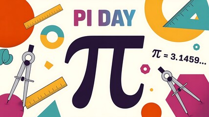Colorful Pi Day Poster with Mathematical Tools and Symbols