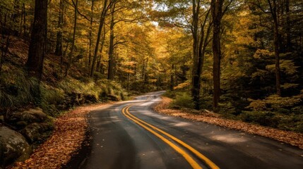 Fototapeta premium A solitary road winds through dense autumn forest with yellow and orange foliage, scattered leaves, dappled sunlight,