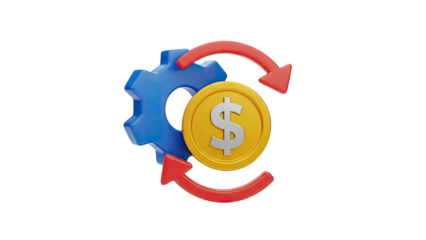 3D Rendering of a Gear, Dollar Coin, and Circular Arrows