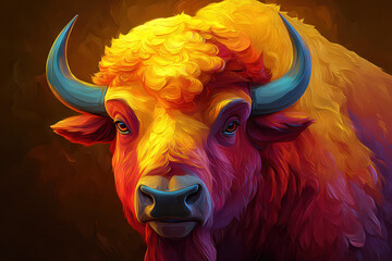 Vibrant neon bison portrait, colorful digital illustration