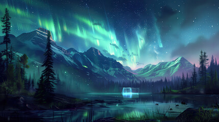 Aurora borealis over snowy mountains and pine forest at night, vibrant polar sky