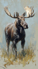 Moose in mist, atmospheric oil painting, wildlife art