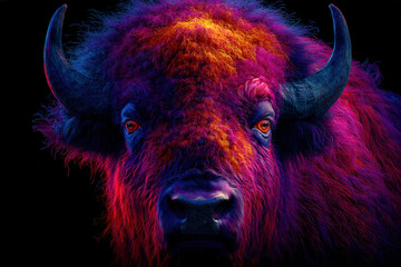 Bison in misty prairie at sunrise, powerful wild bull, atmospheric landscape