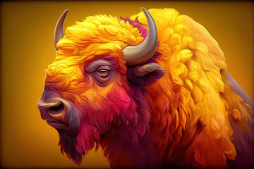 Vibrant neon bison portrait, colorful digital illustration