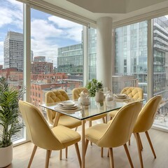 Elegant urban dining space with panoramic city vistas and vibrant yellow accents creating a modern
