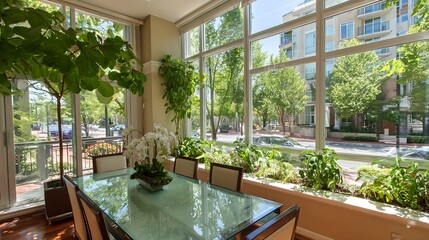 Vibrant urban dining oasis bathed in natural light, featuring lush indoor greenery and expansive