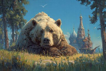 Warrior in bear pelt by a campfire in winter forest, northern barbarian, cinematic fantasy scene