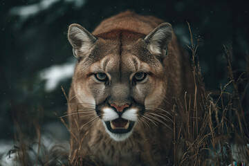 Cougar close-up in the wild, predator staring at camera, cinematic wildlife scene