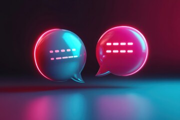 A vibrant, neon-lit chat bubble with a smiling face, set against a dark background.