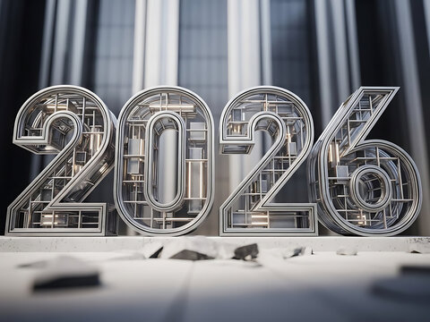 Shiny metallic 2026 numbers on modern city background - Powered by Adobe