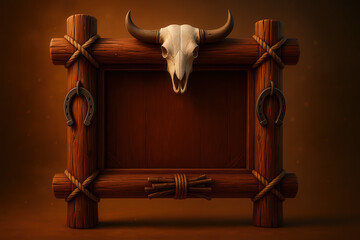 Wild West wooden frame with bull skull and lasso, empty copy space