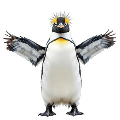 A penguin standing on a transparent background with its wings spread wide