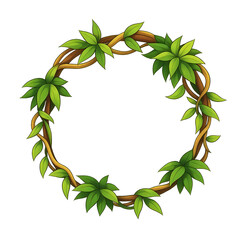 Green leaf wreath on vine, round frame with copy space isolated on white