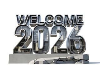 Sleek Welcome 2026 sign in modern metallic design on gray stone base