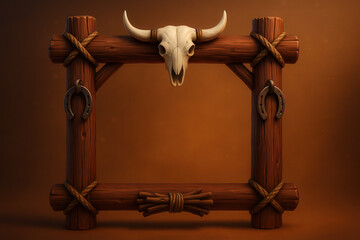 Wild West wooden frame with bull skull and lasso, empty copy space