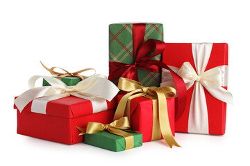 Obraz premium Many beautiful Christmas gift boxes isolated on white