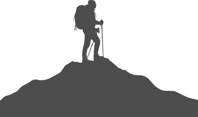 Obraz premium Hiker Standing on Mountain Peak Black Silhouette Isolated on White. Outdoor Adventure, Local Travel, Hiking, Achievement, Nature Exploration Vector Concept.