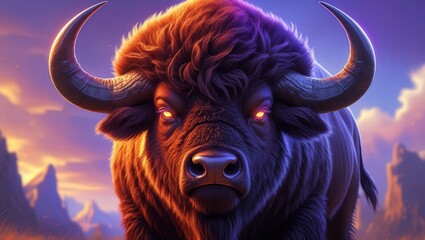 Vibrant neon bison portrait, colorful digital illustration