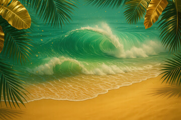 Tropical beach with turquoise wave and palm leaves, summer background