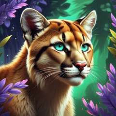 Cougar close-up in the wild, predator staring at camera, cinematic wildlife scene