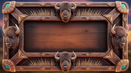 Ornate wooden signboard with buffalo heads and tribal ornament, blank copy space