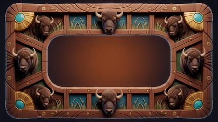 Ornate wooden signboard with buffalo heads and tribal ornament, blank copy space