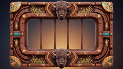 Ornate wooden signboard with buffalo heads and tribal ornament, blank copy space